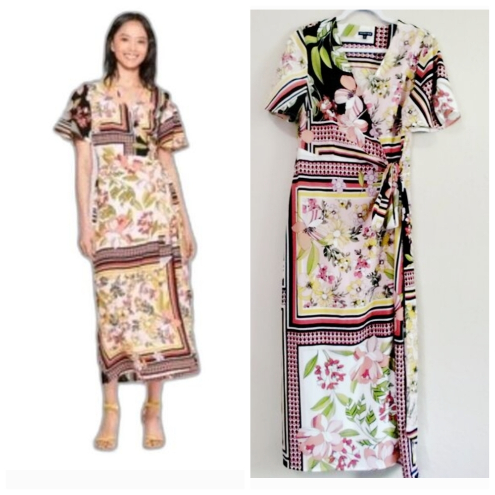Who What Wear Floral Patchwork Wrap Midi Dress Size M